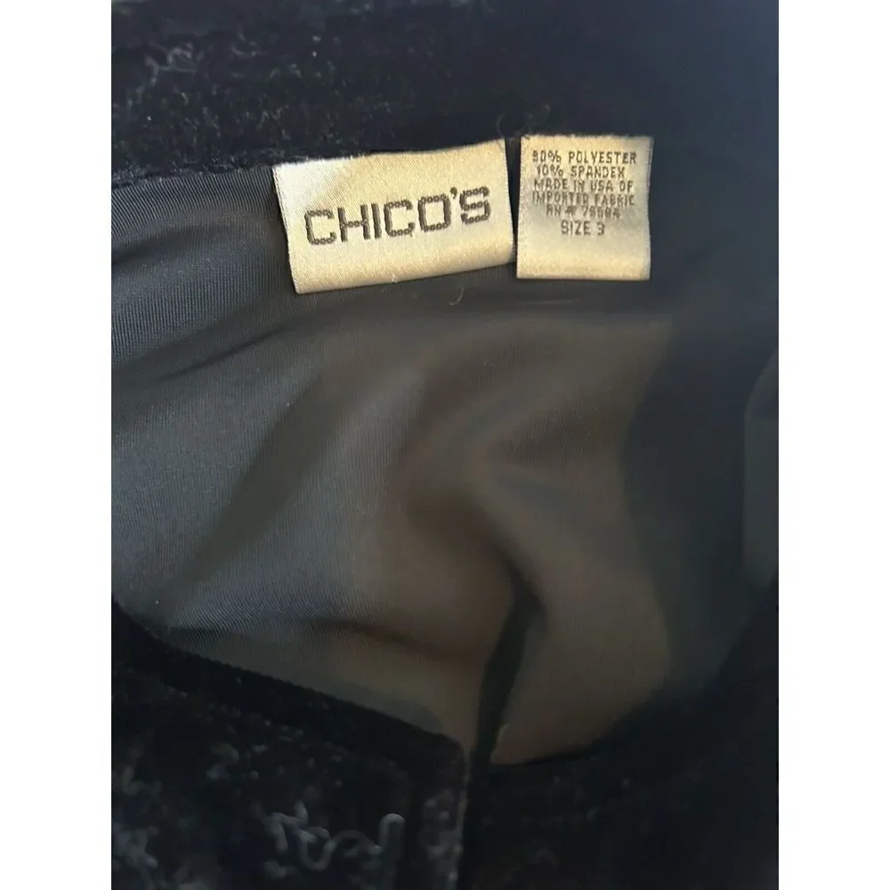 Chicos Black Velvet Long Sleeve Mock Neck Button Down Jacket Tunic Cardigan Size